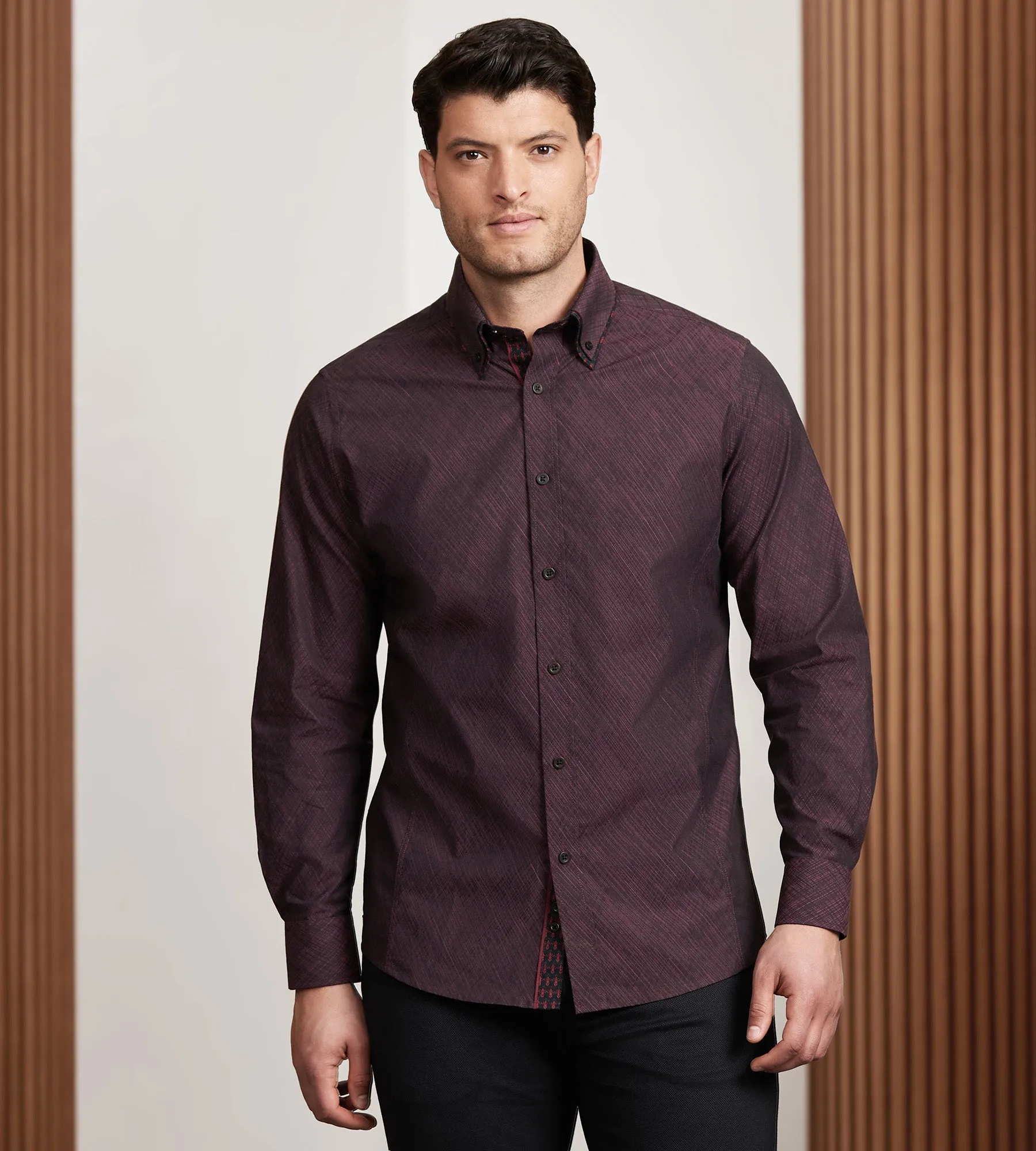 Modern Fit Long Sleeve Double Collar Textured Sport Shirt