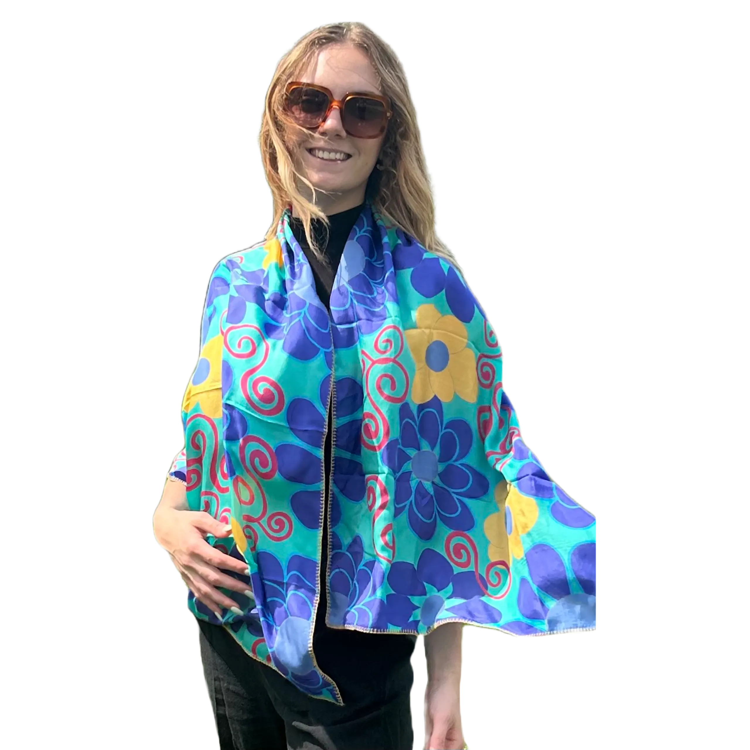 Mustard Buds on Blue Fashion Statement Scarf,	24x64", Silk, Hand Hemmed