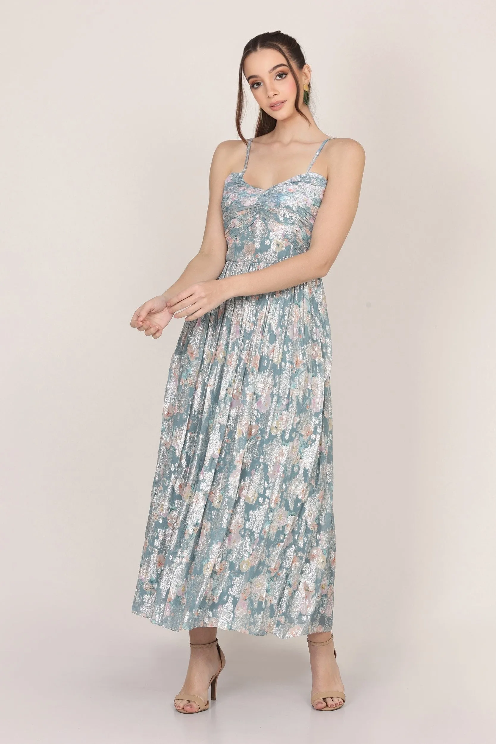 Nelex Metallic Printed Midi Dress in Blue