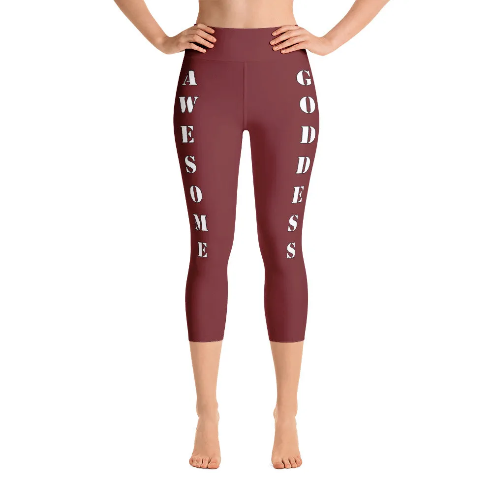 Our best viral leggings burgundy awesome goddess white letters