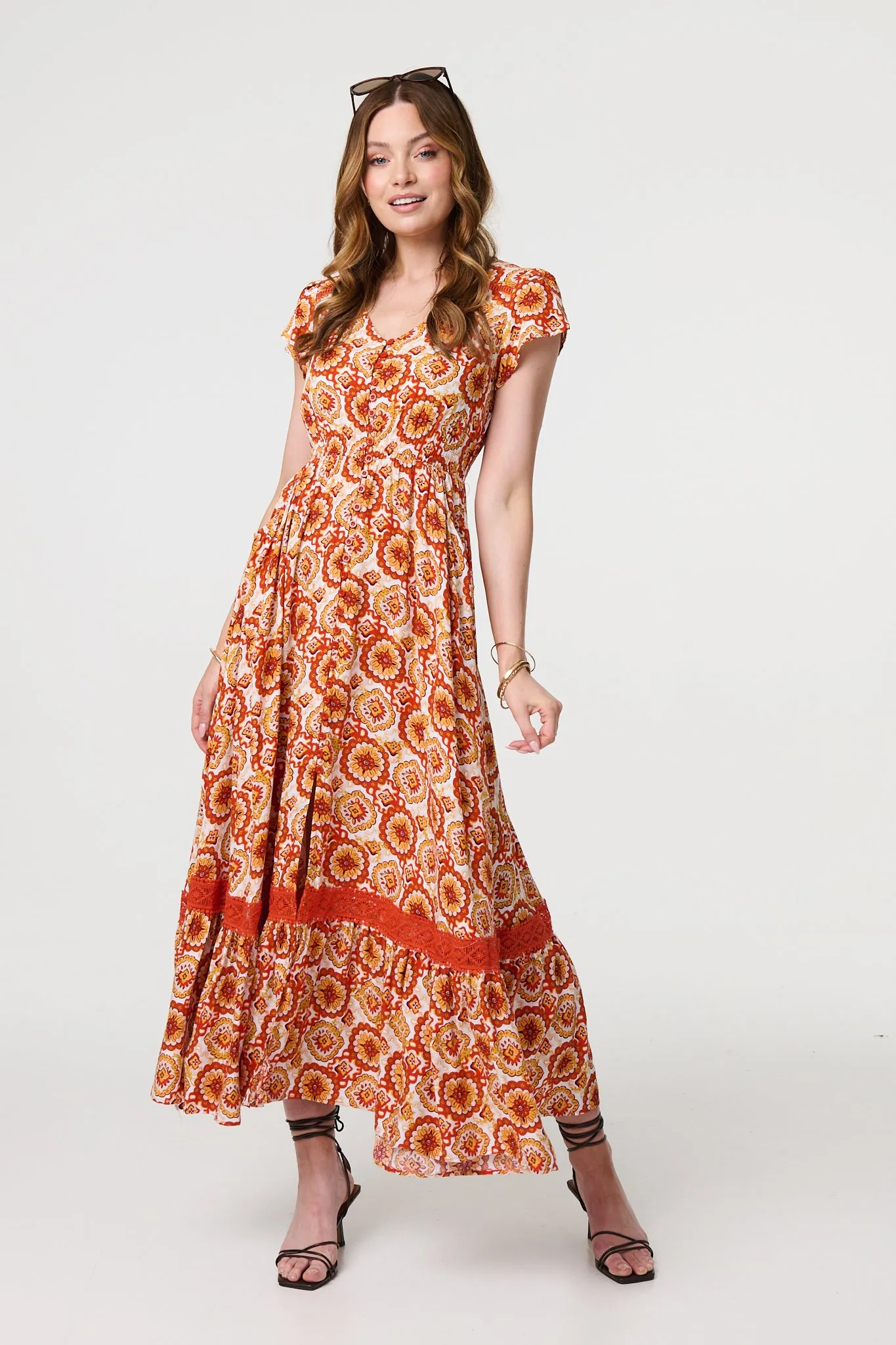 Paisley Cap Sleeve Lace Trim Maxi Dress