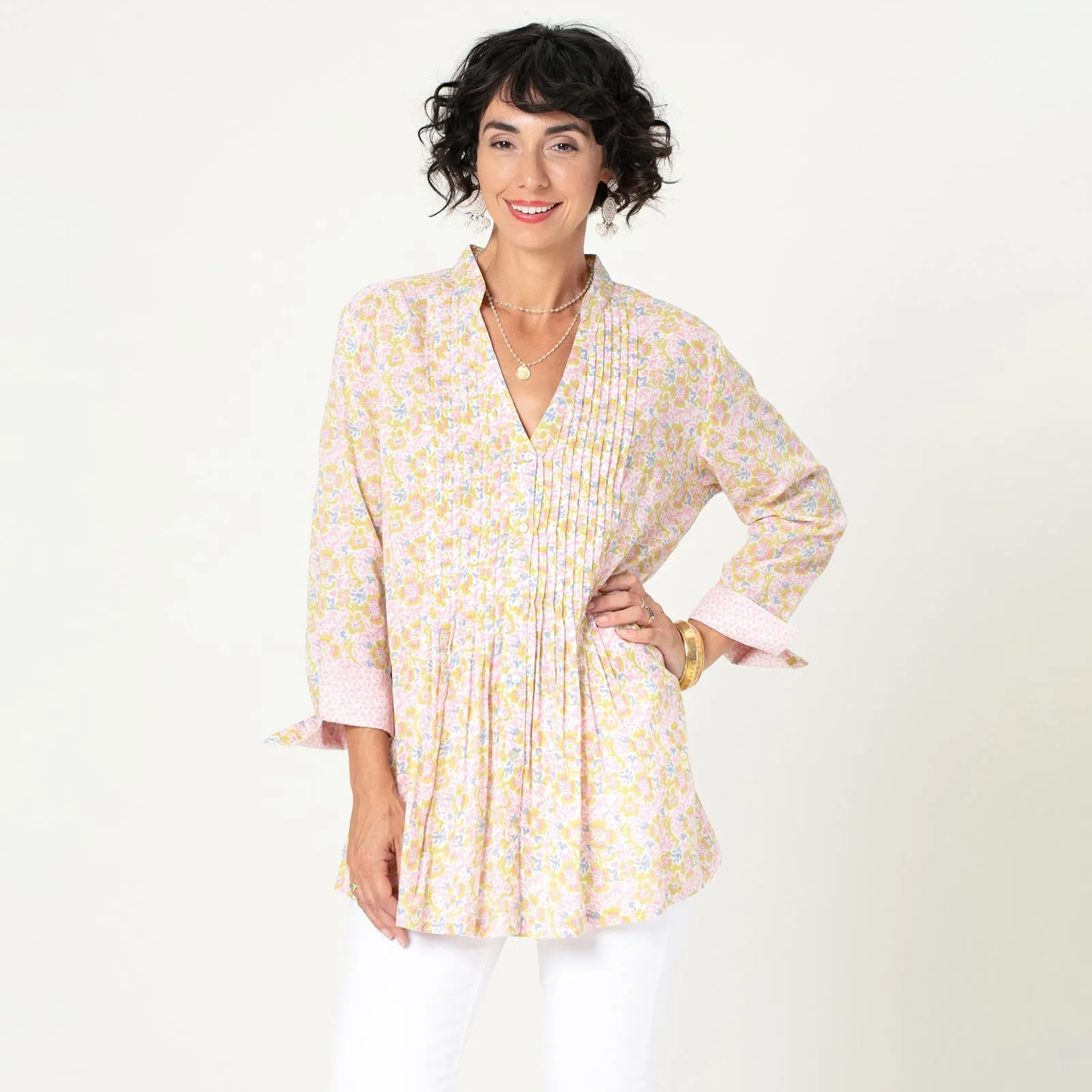 Patty Pink blu Cotton Pintuck Tunic Blouse