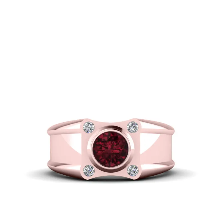 Ring with Natural Diamonds 18k Rose Gold and 1.70ct Round Red Ruby Unique Gemstone Wide Band