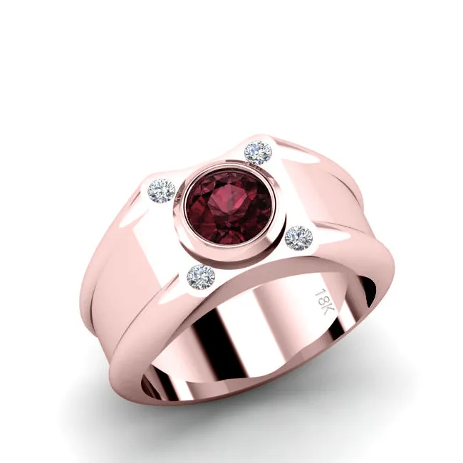 Ring with Natural Diamonds 18k Rose Gold and 1.70ct Round Red Ruby Unique Gemstone Wide Band