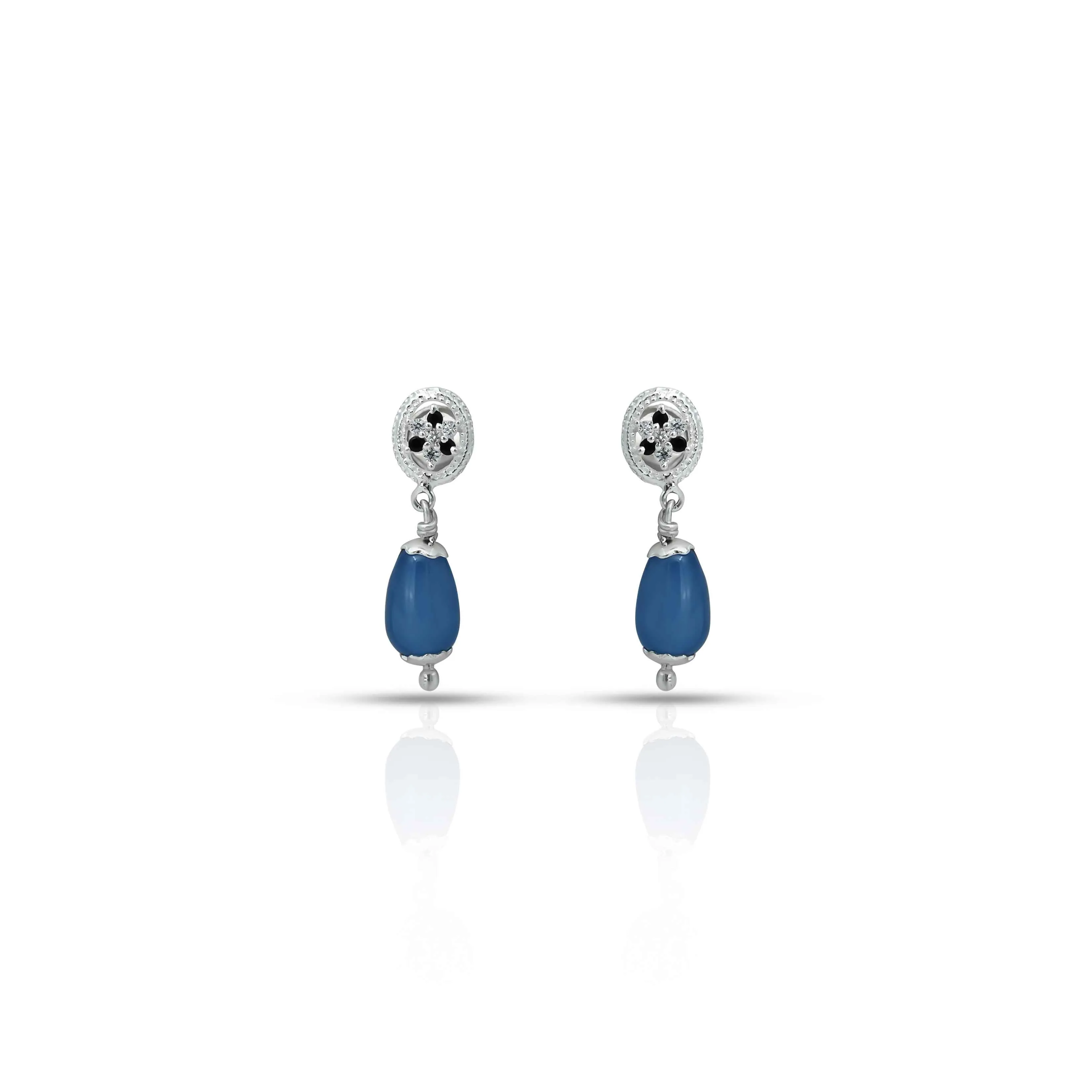 Silver Blue Oval Bead with Flower Design Earring for Girls