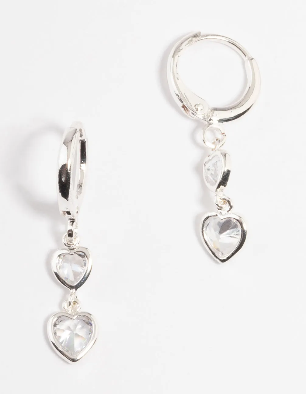 Silver Two Heart Drop Huggie Earrings