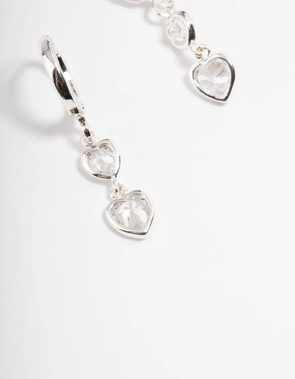 Silver Two Heart Drop Huggie Earrings