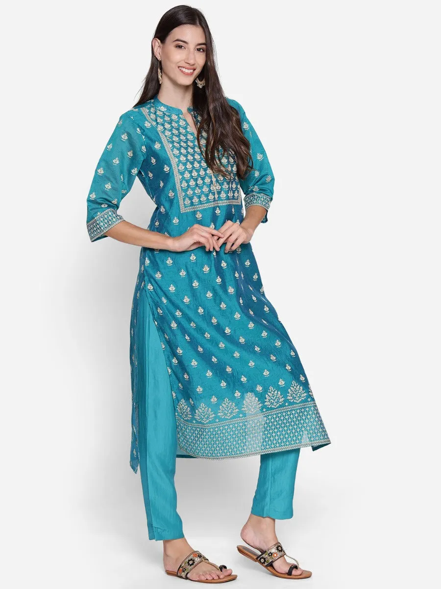 Teal Floral Printed Kurta With Trouser