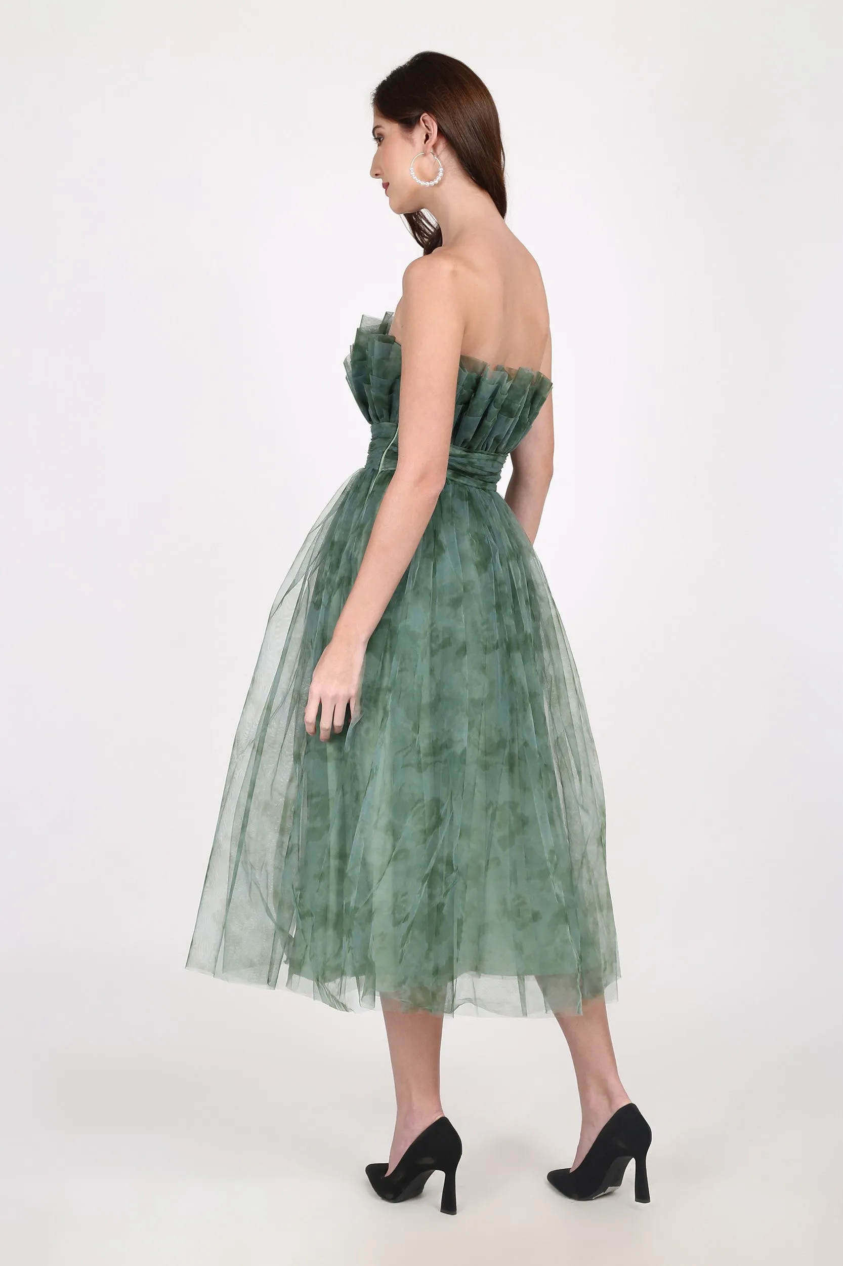 Veriry Tulle Midi Dress in Green Floral Print